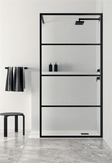 NEW YORK Walk In fastvæg med vandrette mat sorte sprosser 80 cm